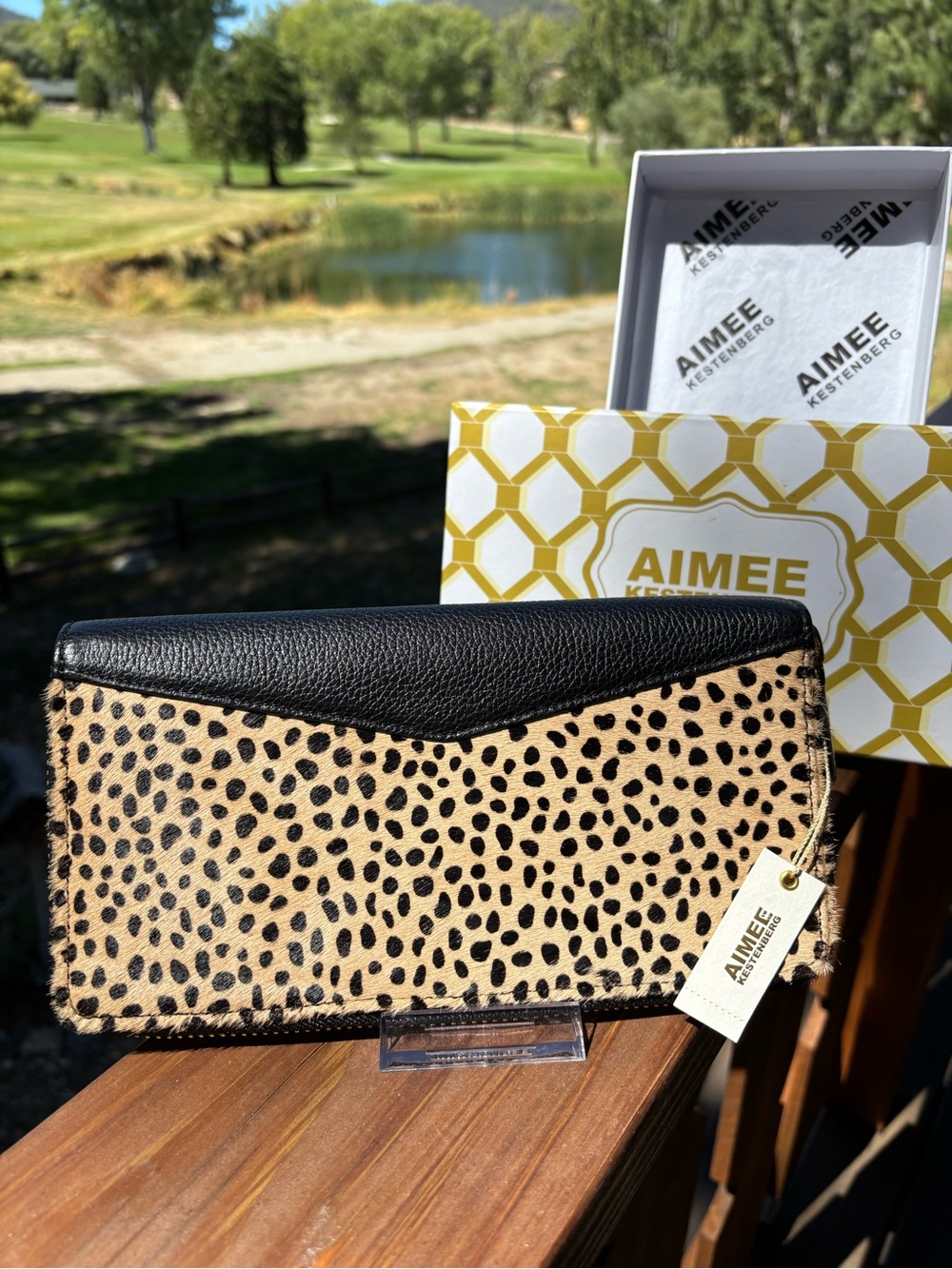 Aimee Kestenberg Black and Tan Leopard-Print Leather Envelope Clutch